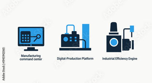 Manufacturing command center icons and digital production platform elements for industrial efficiency engine management