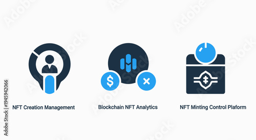 Nft creation management and blockchain analytics flat icon set for crypto minting control platforms