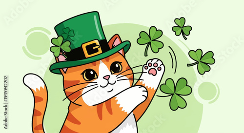 A cute cartoon orange tabby cat wearing a green St. Patrick's Day hat with shamrocks, playfully batting at floating shamrocks.