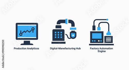 Smart manufacturing and factory automation icons for digital production analytics and industrial engine monitoring