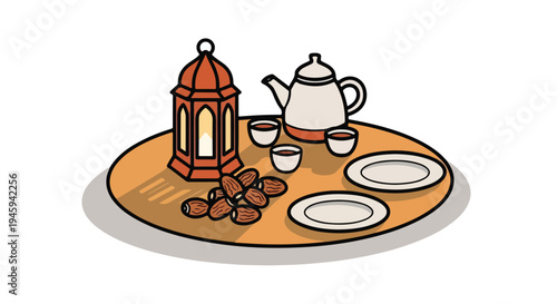 Flat lay illustration of a traditional tea setting with a lantern, teapot, cups, plates, and chocolates on a wooden tray against a white background.