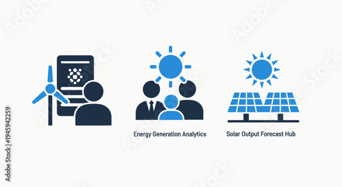 Renewable energy analytics icons for solar output forecast and wind turbine power generation tracking