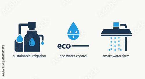 Sustainable irrigation and eco water control icons for smart farming and agricultural resource management