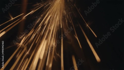 Fiery sparks fly upward in dark space, dynamic abstract motion of bright glowing embers, slow motion footage