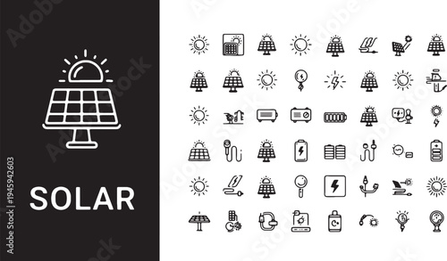 Solar energy icons set including sun panels and eco friendly symbols for sustainable power solutions and renewable energy concepts