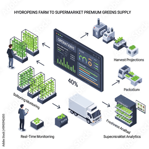 Diagram illustrating the complete supply chain of hydroponic premium greens from farm to supermarket, emphasizing real-time monitoring and data analytics for optimized operations.