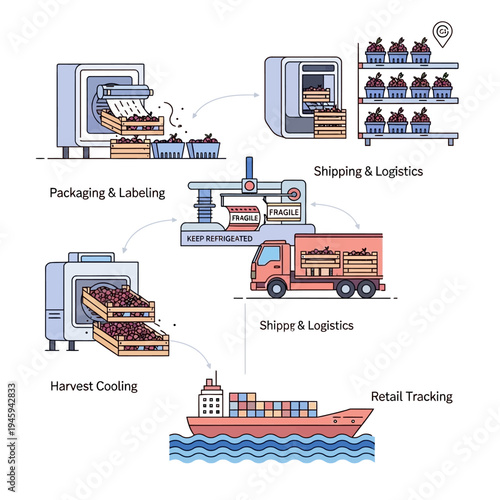 Visual representation of the supply chain process for perishable goods, from harvest cooling to retail tracking.