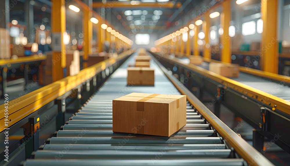 Fototapeta premium Cardboard boxes on conveyor belt in modern warehouse, Logistics and automated delivery system concept, Parcel distribution center.