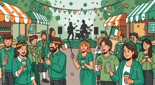 A vibrant outdoor St. Patrick's Day festival with a crowd of people in green attire, enjoying music from a band on stage and festive market stalls.