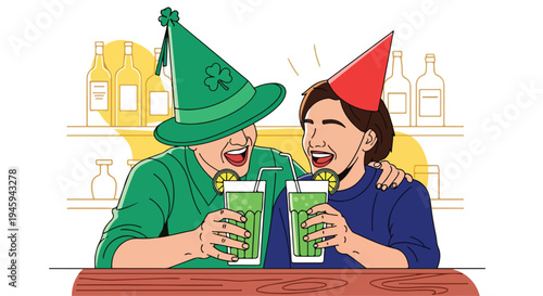 Illustration of two friends wearing party hats and toasting green drinks at a bar with a lively atmosphere.