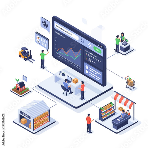 Isometric illustration depicting a comprehensive supply chain management system with elements of agriculture, warehousing, retail, and data analytics.