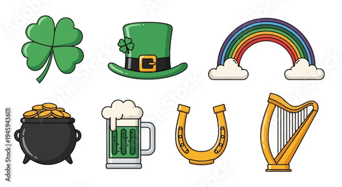 A collection of colorful St. Patrick's Day icons including a shamrock, leprechaun hat, rainbow, pot of gold, green beer, horseshoe, and harp.