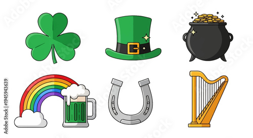 A collection of St. Patrick's Day symbols including a shamrock, leprechaun hat, pot of gold, rainbow, beer, horseshoe, and harp.