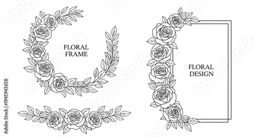 Floral frame designs with roses and leaves for graphic resources and decoration purposes