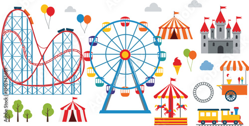Amusement Park Attractions Including Roller Coaster, Ferris Wheel, Carousel, and Carnival Booths"