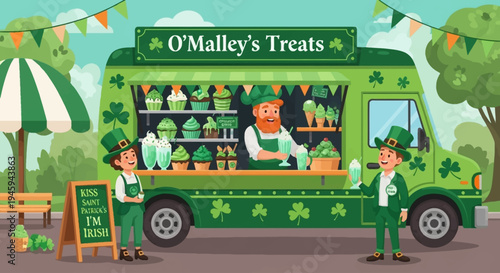 A festive St. Patrick's Day scene featuring a green food truck named O'Malley's Treats, with staff in leprechaun attire serving customers.