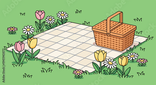 Illustration of a wicker picnic basket on a checkered blanket surrounded by colorful flowers and grass in a serene outdoor setting.