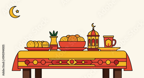 Flat lay of a traditional Ramadan dinner setup with food and decorations on a colorful tablecloth against a plain background.