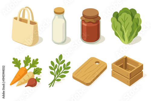 Organic Market Icons. Organic Market Goods flat icons reusable tote bag, glass milk bottle, jam jar, leafy lettuce, root vegetables, fresh herbs, cutting board, wooden crate