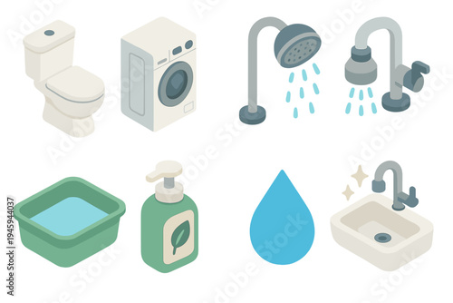 Eco-Friendly Household Icons. Household Conservation flat icons dual-flush toilet, efficient washing machine, eco shower, faucet aerator, dish basin, hand soap, blue drop, clean