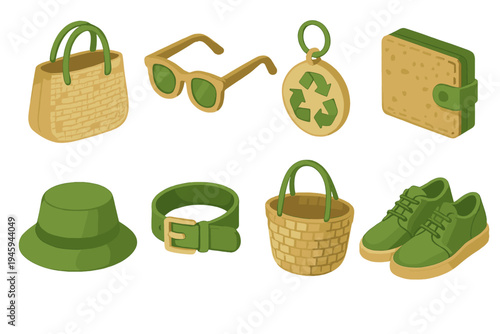 Eco-Friendly Fashion Icons. Green Fashion Accessories flat icons jute handbag, wooden sunglasses, recycled jewelry, cork wallet, hemp hat, fabric belt, woven basket, eco shoes
