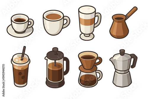 Global Coffee Icons. Global Coffee Styles flat icons espresso cup, cappuccino mug, latte glass, Turkish coffee pot, iced coffee tumbler, French press, pour-over dripper, moka pot
