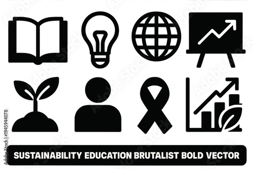 Sustainability Icon Set. Sustainability Education silhouette set: open book, light bulb, globe, classroom board, plant sprout, student icon, awareness ribbon, eco chart