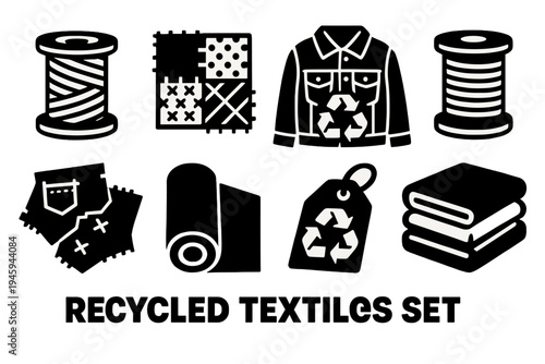 Recycled Textile Icons. Recycled Textiles silhouette set: yarn spool, patchwork fabric, upcycled jacket, thread reel, denim scraps, fabric roll, eco label, folded clothes