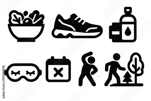 Brutalist Healthy Icons. Healthy Habits silhouette set: salad bowl, running shoes, dumbbell, water bottle, sleep mask, calendar, stretching icon, nature walk