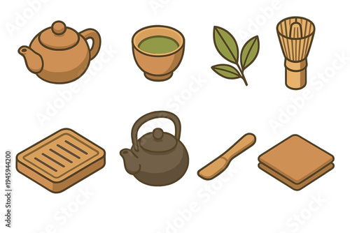 Isometric Tea Set Icons. Traditional Tea Set flat icons teapot, teacup, tea leaves, bamboo whisk, tea tray, kettle, tea scoop, cloth napkin
