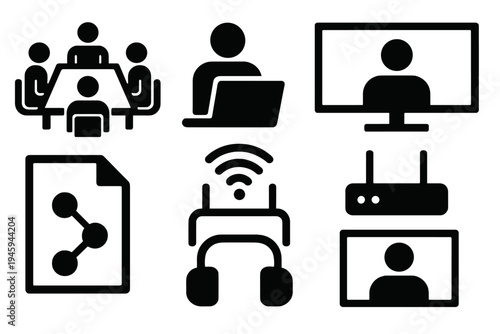 Hybrid Collaboration Icons. Hybrid Collaboration silhouette set: meeting room, laptop user, big screen display, wifi router, shared document, cable connection, headphones, remote
