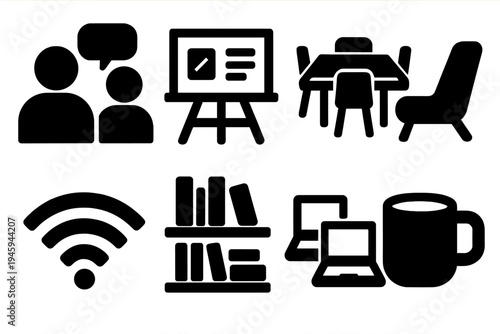 Collaborative Workspace Icons. Collaborative Work Area silhouette set: people chatting, whiteboard, meeting table, lounge chair, wifi symbol, bookshelf, laptop duo, office mug