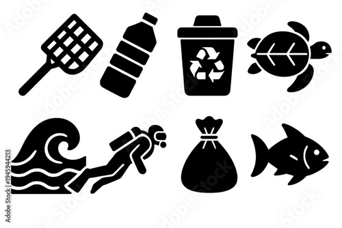 Ocean Cleanup Icons. Ocean Cleanup Icons silhouette set: cleanup net, plastic bottle, recycling bin, turtle, wave, diver, cleanup bag, fish