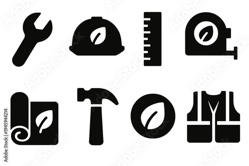Eco Construction Icons. Eco Construction Tools silhouette set: wrench, hard hat, ruler, measuring tape, blueprint roll, hammer, eco badge, safety vest