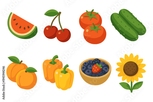 Summer Harvest Icons. Summer Bounty flat icons watermelon, cherries, tomatoes, cucumbers, peaches, bell peppers, berries bowl, sunflower