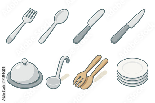 Isometric Cutlery Icons. Cutlery & Serving Set flat icons dinner fork, spoon, butter knife, steak knife, serving tray, soup ladle, salad tongs, plate stack