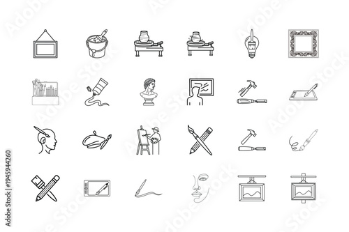 Art and Creativity Line Icons Set with Painting Tools, Sculpture, Easel, Frames and Digital Drawing Tablet on White Background