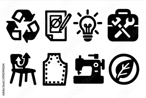Brutalist Eco Icons. Circular Creativity silhouette set: recycle arrows, design sketch, idea bulb, toolbox, upcycled chair, pattern piece, sewing machine, eco symbol