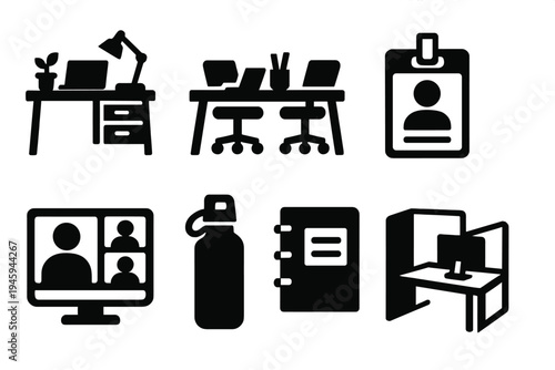 Bold Work Icons. Flexible Work Setup silhouette set: home desk, coworking table, office badge, planner, team call icon, water bottle, sticky notes, desk divider
