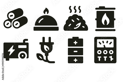 Sustainable Energy Icons. Sustainable Biomass silhouette set: wood pellets, biogas dome, compost heap, fuel barrel, power generator, green plug, battery storage, control panel