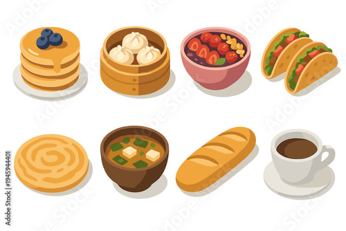 Global Breakfast Icons. Global Breakfast Flavors flat icons pancakes stack, dim sum basket, smoothie bowl, tacos, paratha, miso soup, baguette, espresso cup