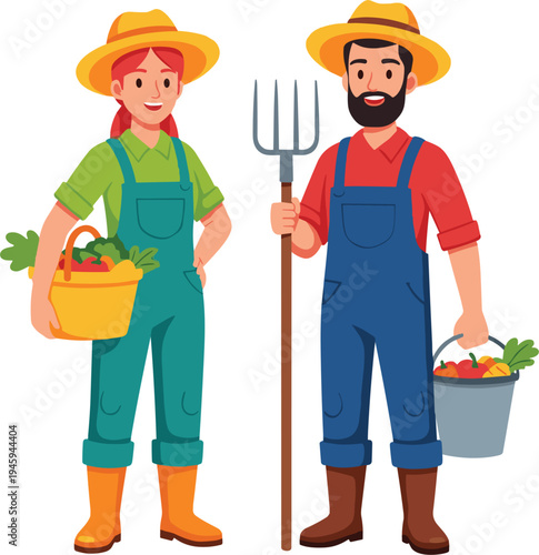 Farmers Working Together on a Farm with Harvested Vegetables in Baskets and Buckets