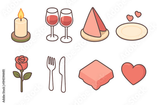 Isometric Romantic Icons. Romantic Table Setting flat icons lit candle, wine glasses, folded napkin, dinner plate, rose flower, silver cutlery, tablecloth, heart decor
