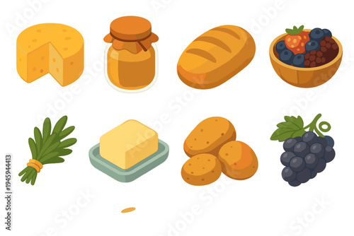 Farm Fresh Icons. Local Farm Produce flat icons cheese wheel, honey jar, bread loaf, berries bowl, herbs bundle, butter dish, potatoes, freshly picked grapes