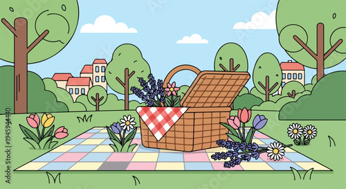 Colorful picnic setup with a wicker basket on a checkered blanket surrounded by flowers in a serene park with trees and houses in the background under a blue sky.