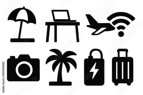 Remote Work Icons. Work From Anywhere silhouette set: beach umbrella, laptop on desk, airplane, wifi symbol, camera, palm tree, power bank, suitcase