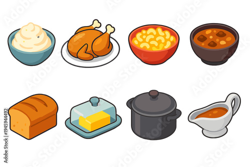 Comfort Food Icons. Homestyle Favorites flat icons mashed potatoes, roast chicken, mac and cheese, stew bowl, bread loaf, butter dish, soup pot, gravy boat