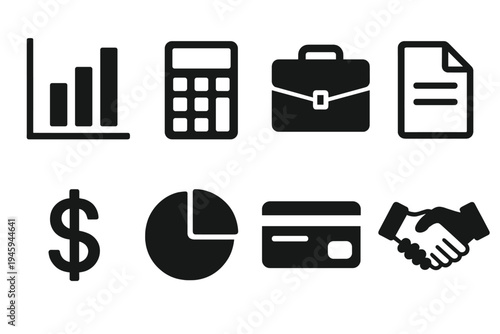 Corporate Finance Icons. Corporate Finance Icons: bar chart, calculator, briefcase, document file, dollar symbol, pie chart, credit card, handshake