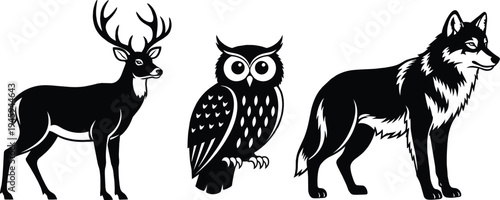 Set of black silhouettes featuring a majestic stag deer, an owl, and a wolf isolated on a clean white background.