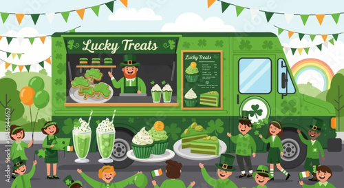Happy children gather around a green "Lucky Treats" food truck for St. Patrick's Day, enjoying festive desserts and drinks.